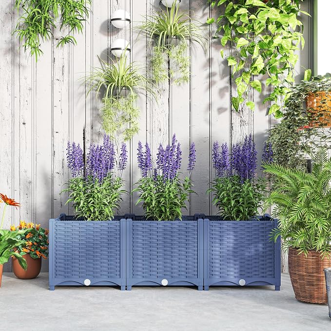 Outsunny 4 x 1 x 1 ft Raised Garden Bed, Indoor Outdoor Plastic Planter Box with Drainage Holes, Drain Plugs and Water Reservoirs for Vegetables, Herbs, Flowers & Succulents, Blue
