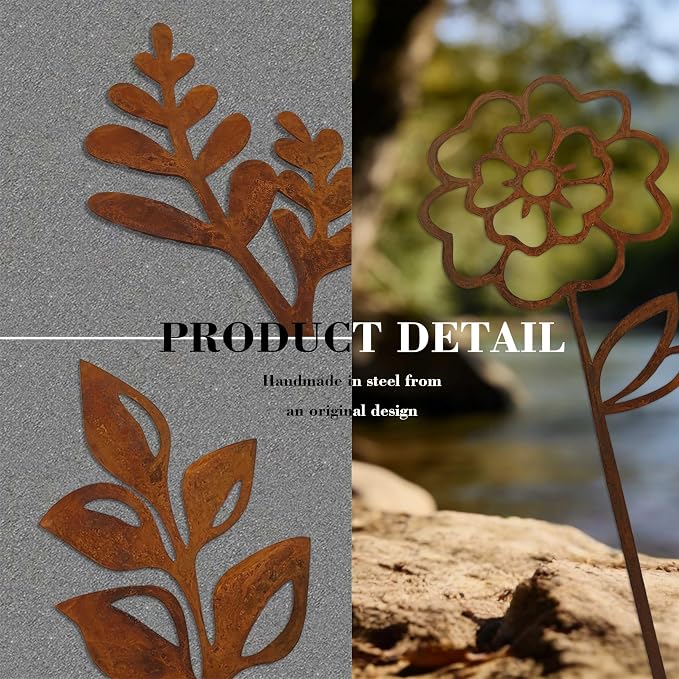 Rustic Metal Flowers, Decorative Flowers Plants Stakes Outside Art, Metal Garden Stakes Decorative Flower Bed Decor, Decorative Stakes Garden Art for Pots Vase Patio Lawn Yard Home Office
