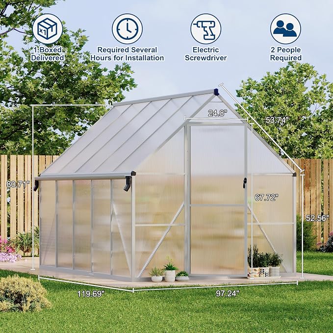 GarveeLife 8X10FT Polycarbonate Greenhouse with Aluminum Frame, Polycarbonate Greenhouse for Outdoors, Greenhouses with Ventilation and Rain Gutter, Aluminum Large Walk-in Greenhouses for Outside