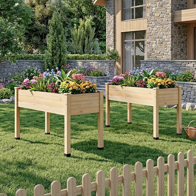 Wood Raised Garden Bed, 48x24x30in Elevated Wooden Planter Box with Legs Standing Growing Bed for Backyard, Patio, Balcony with Bed Liner, 200 Pound Capacity