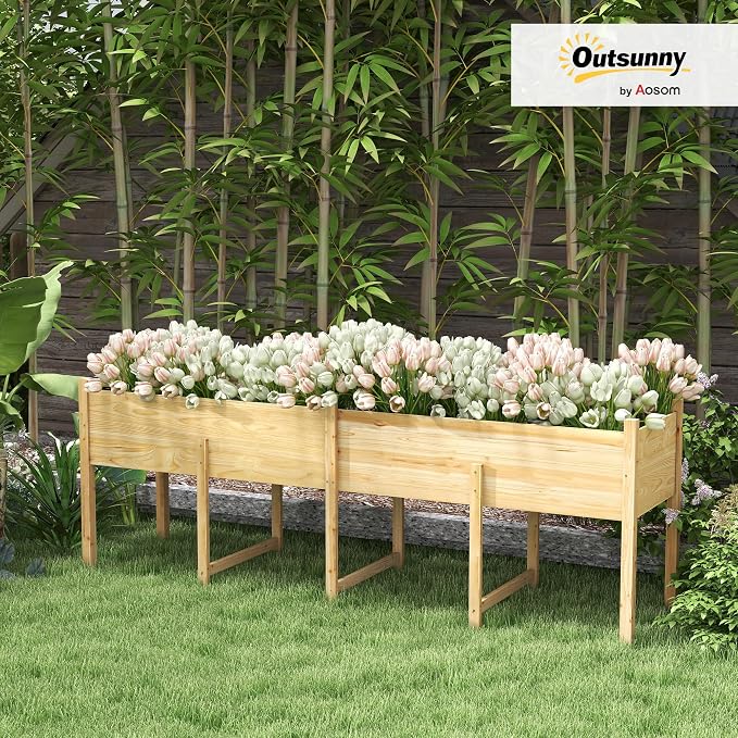 Outsunny Wooden Raised Garden Bed with Legs, Large Elevated Planter Box with Bed Liner and Drain Holes for Vegetables Flowers Herbs, Outdoor and Indoor, 7.4' x 1.8' x 2.6', Natural Wood