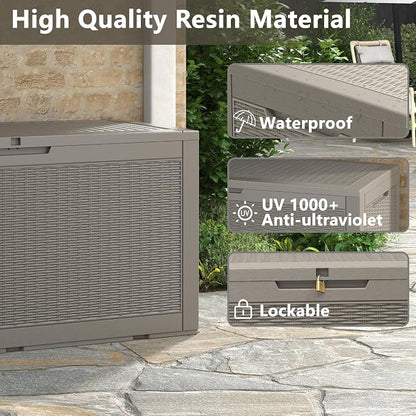 NUNU LAB 100 Gallon Large Waterproof Resin Deck Box, Lockable Outdoor Storage Box with Gas Lift, Patio Cushions, Garden Tools, Pool Supplies, Indoor Outdoor Storage Container, Grey