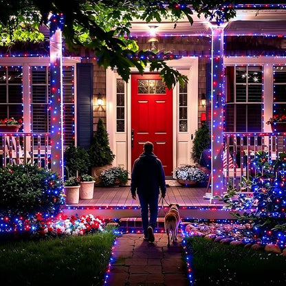 Joomer Red White Blue Solar String Lights,39FT 60LED 4th of July Decor | with 8 Lighting Modes Waterproof, Solar Powered Fairy Lights for Independence Day Yard Gazebo BBQ Patriotic Party Decorations