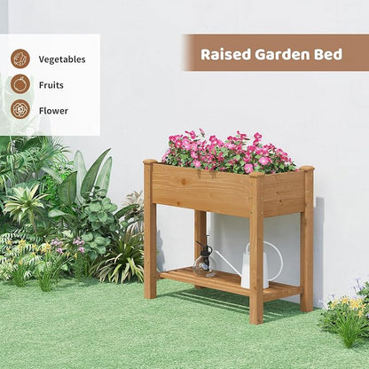 Raised Garden Bed with Legs Elevated Wooden Planter Box Stand Large Planter Stand Box for Fruits Vegetables Flowers with Divider with Bag - 34x18x30.5IN（Brown）
