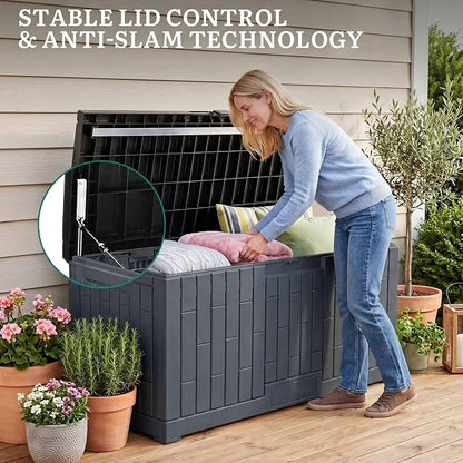 YITAHOME 120 Gallon Large Deck Box | 53"L x 22.7"W x 25.5"H Resin Outdoor Storage Box with Slide-Locking Black Lid for Patio Cushions, Garden Tools, Pool