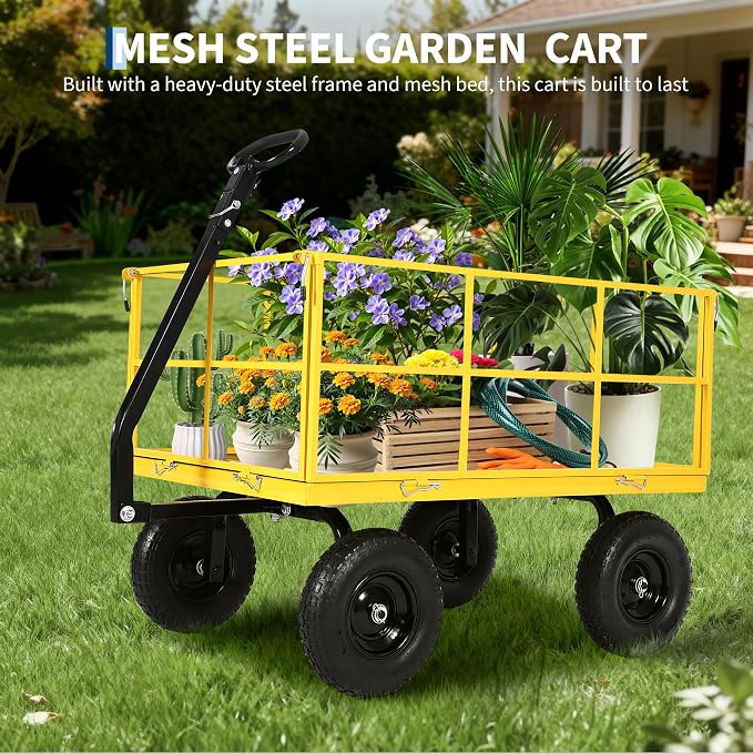 Heavy Duty 1500 Lbs Capacity Mesh Steel Garden Cart Folding Utility Wagon with Removable Sides, Garden Cart on Wheels for Gardening Soil, Tools, and Plant Transport