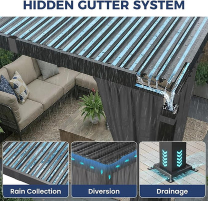10' x 12' Louvered Pergola, Aluminum Frame Outdoor Pergola with Curtains & Netting, Adjustable Louvered Roof & Integrated Gutter System, Hardtop Patio Gazebo for Backyard, Patio, Garden, Dark Gray