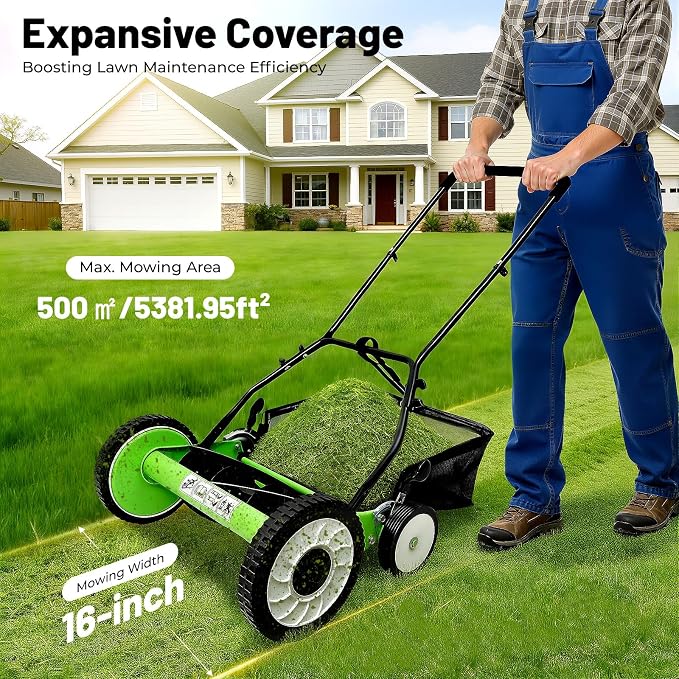 Manual Reel Lawn Mower, 16 Inch 5-Blade Cordless Push Mower with Adjustable Cutting Height and Grass Catcher for Yard, Garden