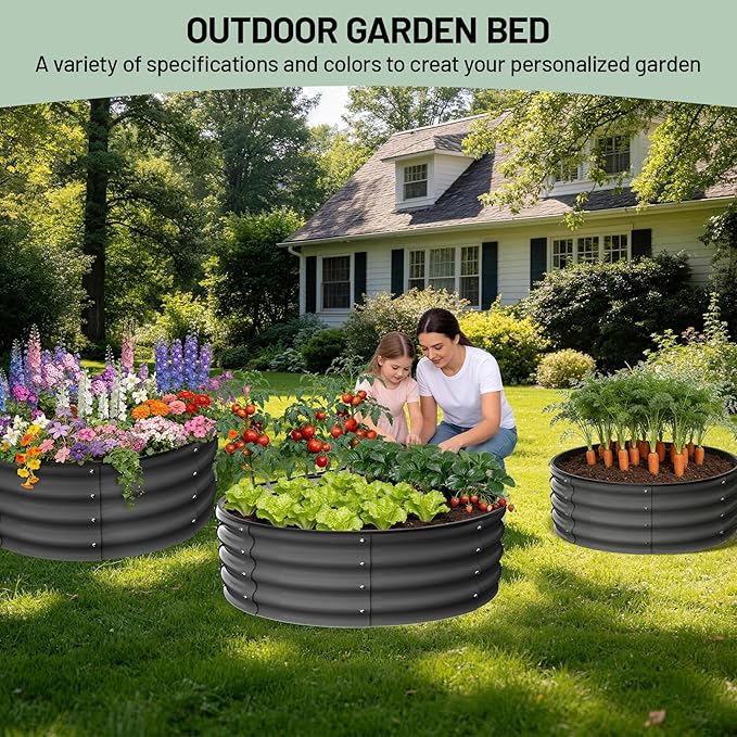 Garvee Round Raised Garden Bed, Galvanized Garden Beds, Metal Planter | 2Pcs, 2x2x1 FT, with Gloves and Rubber Edge Trim, for Vegetables, Flowers and Herbs, Dark Grey