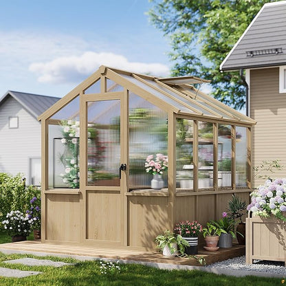 Garvee 6x8 FT Wooden Greenhouse - Walk-in Greenhouses for Outdoors, Large Spruce Frame Green House with PC Panels, Adjustable Roof Vents & Lockable Door, Green Houses for Garden,Backyard,Patio,Lawn