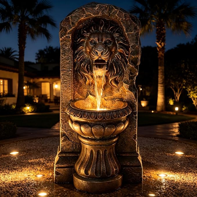 30" Lion Head Outdoor Water Fountain LED Stone Cascading Waterfall | faux granite stone texture, European courtyard, patio yard,Deck Floor Garden Decor