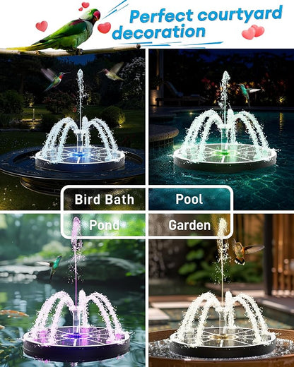 3.5W Solar Fountain,Upgraded 100% Glass Panel Solar Bird Bath Fountain with 2000mAh Battery,7 Color RGB LED Lights & 6 Nozzles,Solar Fountain for Bird Bath,Garden, Pond, Pool, Outdoor Decor(White)