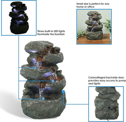 Sunnydaze Tabletop Water Fountain - Stacked Rocks 10.5 Inch Relaxing Desktop Water Fountain with LED Lights - Office, Bedroom, Living Room
