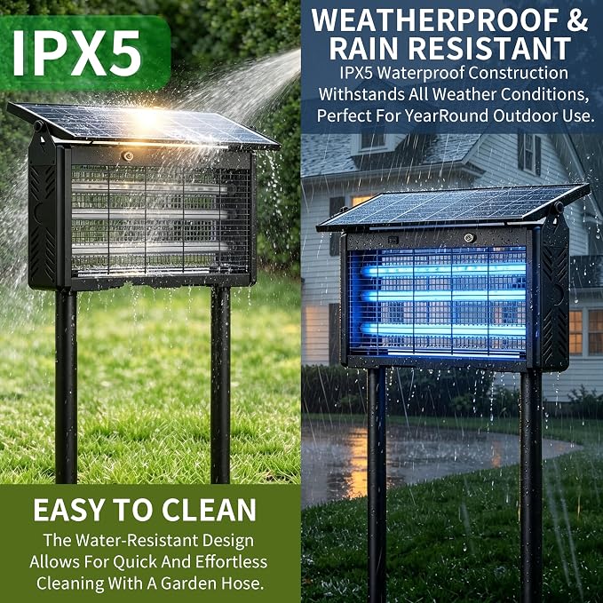 Solar Bug Zapper Outdoor 18W | 9600mAh, 365–395nm UV, Dusk-Dawn Sensor, IPX5 Waterproof, 20ft Cord, Indoor & Outdoor for Home, Patio, Garden, Deck, Camping