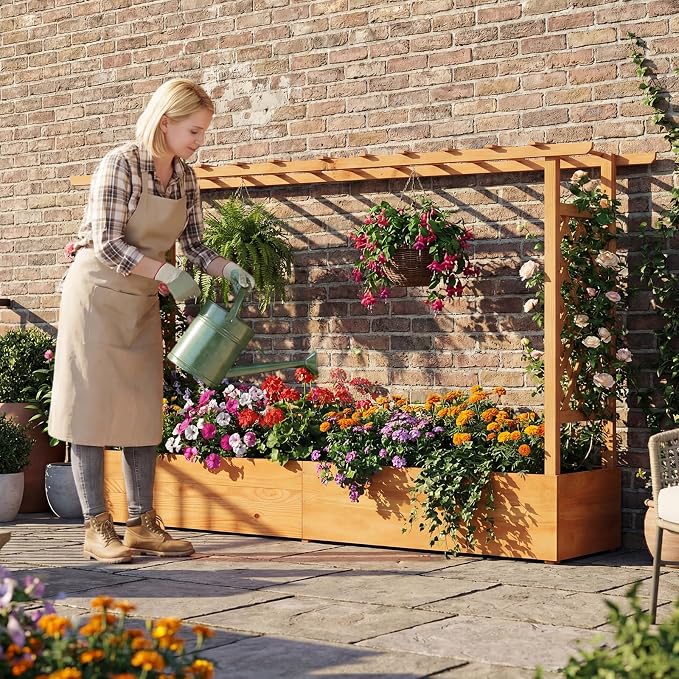 Giantex 2 Pcs Raised Garden Bed with Trellis & Hanging Roof, Wood Planter Box with Bottom & Drainage Holes, Freestanding Garden Planter for Flower Fruit Vegetable Herb Climbing Vine (77"x14.5"x45")