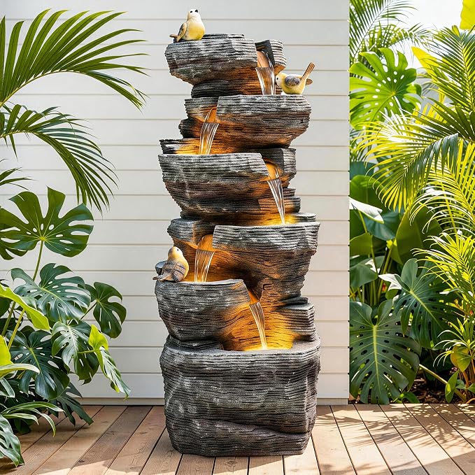39.4" Stacked Rock Outdoor Fountain LED 6-Tier Bird Waterfall | hand-carved stone with birds, garden patio porch backyard