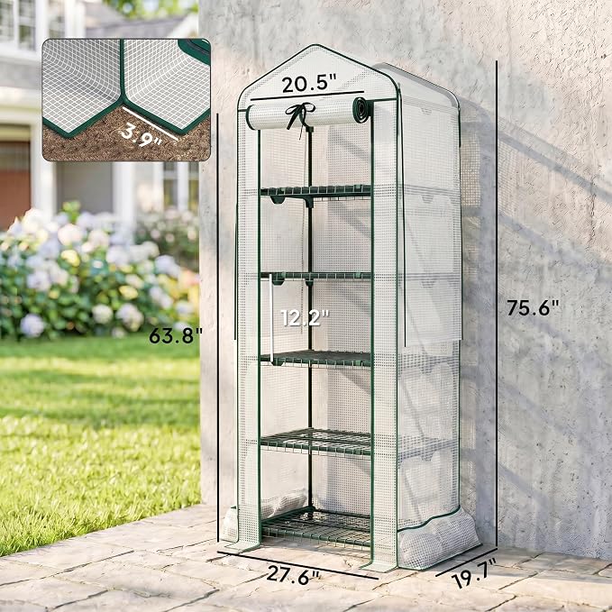 Outsunny 5 Tier Mini Greenhouse with Screen Roof, 27.6" x 19.7" x 75.6", Portable Small Greenhouse with High Strength PE Cover, Roll-Up Zipper Door for Garden Yard Backyard, White