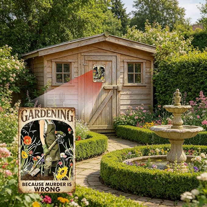 Funny Garden Metal Signs, Vintage Outdoor Wall Decor 8x12 Inch | Gardening Because Murder Is Wrong, Weatherproof Aluminum Sign for Patio Yard Greenhouse, Gift For Gardeners