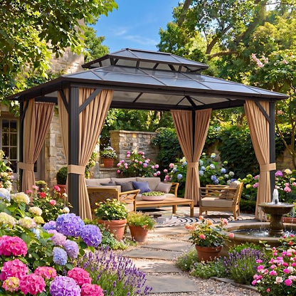 GAOMON 10'x12' Hardtop Gazebo, Outdoor Polycarbonate Double Roof Canopy, Aluminum Frame Permanent Pavilion with Curtains and Netting, Sunshade for Garden, Patio, Lawns (10x12ft)