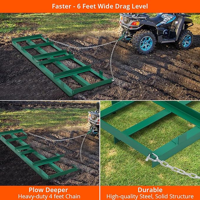 PioneerWorks 72" Width Driveway Drag, Drag Harrow Driveway, Grader Landscape Power Rake Leveling Tool, with 4FT Heavy Duty Chain, for ATV, UTV, Tractor, Mower, Tow Behind Yard Lawn