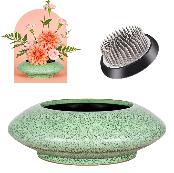 Ceramic Flower Pot Flower Arrangement Set Japanese Ikebana Floral Art Supplies Handmade Flower Bowl Decorative Flower Vase for Centerpieces (Small Green)