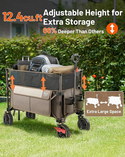Timber Ridge 350L Extra Large Collapsible Folding Wagon Carts with Brake, Heavy Duty Outdoor Camping Utility Wagons with Extended Height, Adjustable Handle, Cup Holders, Side Bag(Tan)