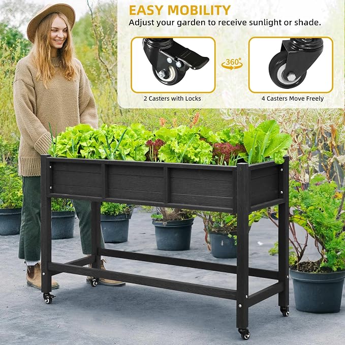 DWVO Raised Garden Bed HDPE with Wheels 47x18x31in Weather-Resistant Poly Wood Raised Planter Box Outdoor with Legs, Elevated Planter Box for Patio Balcony Backyard, Black