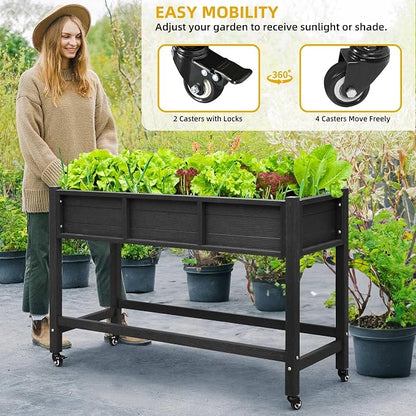 DWVO Raised Garden Bed HDPE with Wheels 47x18x31in Weather-Resistant Poly Wood Raised Planter Box Outdoor with Legs, Elevated Planter Box for Patio Balcony Backyard, Black