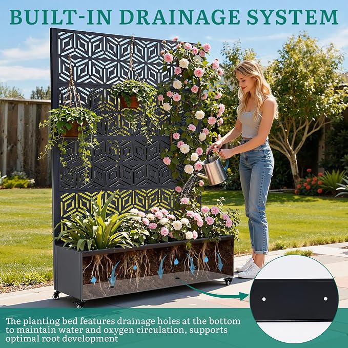 Metal Planter Box with Trellis, Galvanized Steel Raised Garden Bed with Privacy Screen, Lockable Casters, 73"x47"x16" Planter with Drainage Holes for Outdoor Climbing Plants, Vegetables, Patio