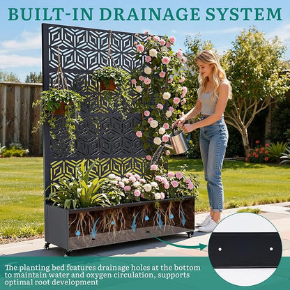 Metal Planter Box with Trellis, Galvanized Steel Raised Garden Bed with Privacy Screen, Lockable Casters, 73"x47"x16" Planter with Drainage Holes for Outdoor Climbing Plants, Vegetables, Patio