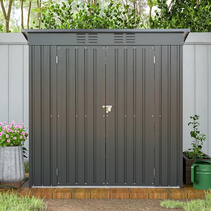6x4 FT Galvanized Steel Garden Sheds with Ventilation and Sloped Roof, Metal Storage Locker Includes A Lock,Key & Hinged Doors,2 Pairs of Gloves,for Tool,Equipment,Black