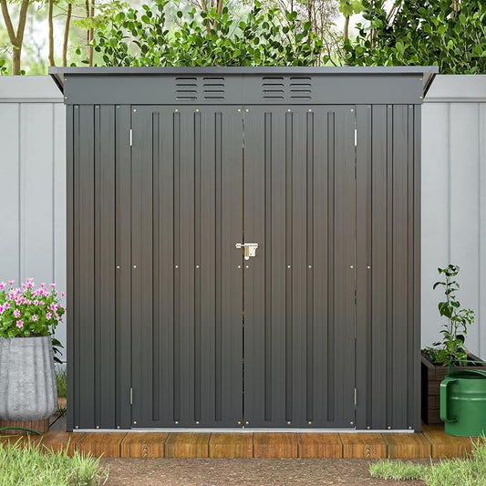 6x4 FT Galvanized Steel Garden Sheds with Ventilation and Sloped Roof, Metal Storage Locker Includes A Lock,Key & Hinged Doors,2 Pairs of Gloves,for Tool,Equipment,Black
