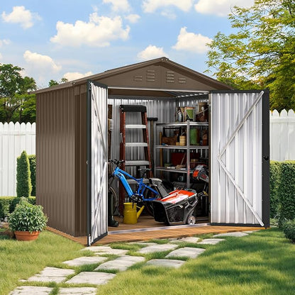 DWVO 6x4ft Small Tool Storage Shed, Lockable Doors, and Sloped Roof, Oversized Steel Outdoor Storage Shed for Garden, Patio, Garage, Backyard, Lawn - Brown