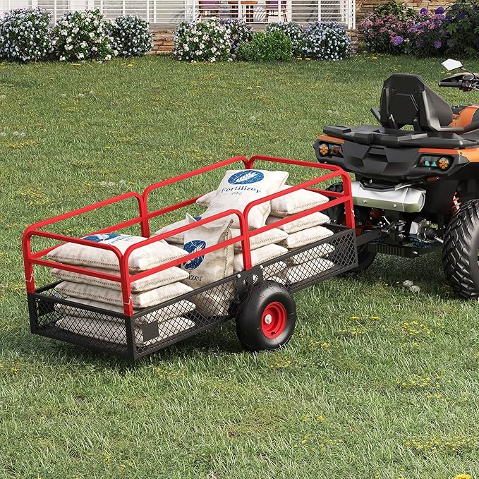 PeakPursuit Tow Behind Steel Dump Cart, Heavy Duty Yard Garden Trailer with Removable Sides & All Terrain Tires, Fits Lawn Mower, Tractor, Garden Cart, 1600 lbs 22 Cubic Feet, Red