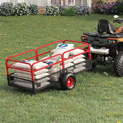 PeakPursuit Tow Behind Steel Dump Cart, Heavy Duty Yard Garden Trailer with Removable Sides & All Terrain Tires, Fits Lawn Mower, Tractor, Garden Cart, 1600 lbs 22 Cubic Feet, Red