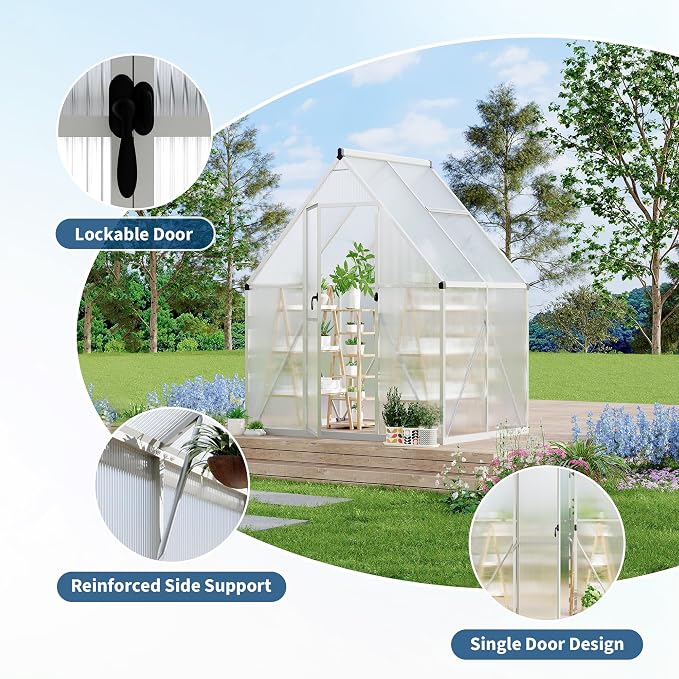 GarveeLife 6X4FT Polycarbonate Greenhouse with Aluminum Frame, Polycarbonate Greenhouse for Outdoors, Greenhouses with Ventilation, Aluminum Large Walk-in Greenhouses for Outside