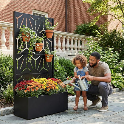 Casaphoria Metal Raised Garden Bed with Trellis, 59"x30"x12" Planter Box for Climbing Plants, Vegetables & Vines, Features Drainage Holes and Privacy Screen, Black-Star