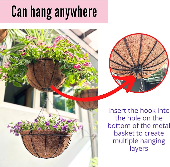 LaLaGreen Hanging Baskets for Plants (3 Pack, 10 Inch) Hanging Planter Outdoor with Coco Liner, Metal Wire Flower Basket Pots Holder Hanger Hook Deck Patio Porch Garden Balcony Outside Decoration