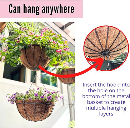LaLaGreen Hanging Baskets for Outdoor Plants (10 Pack, 14 Inch) Large Hanging Planter with Coco Liner Round Flower Pots, Black Metal Wire Plant Holder Hook Deck Porch Garden Balcony Farmhouse Decor