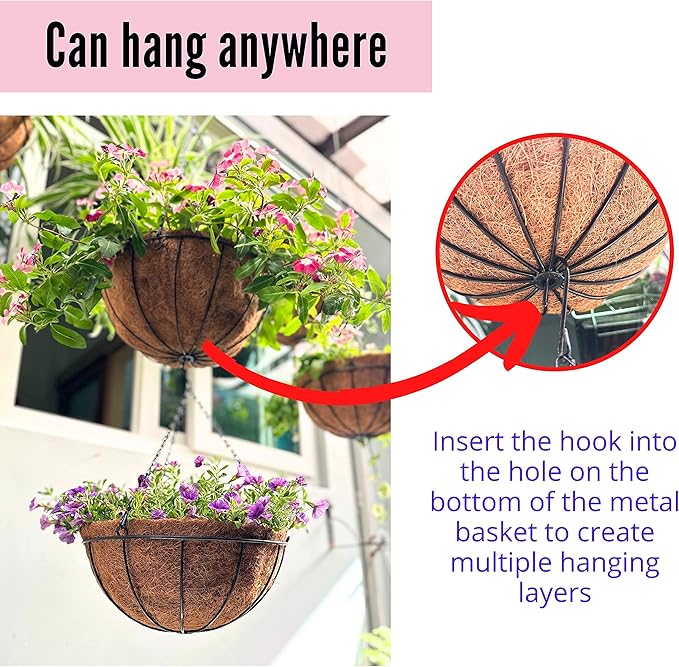LaLaGreen Hanging Planters with Coco Liners (12 Inch, 3 Pack) Hanging Baskets for Plant Outdoor, Hanging Plant Pot Flower Metal Wire Round Holder Hanger Hook Chain Deck Porch Garden Balcony Boho Decor