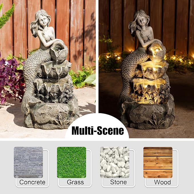 Glitzhome Water Fountain Outdoor, Outdoor Fountain with Lights & Pump, 22.25" H 4-Tiered Concrete Mermaid Polyresin Waterfall Floor Standing Water Feature for Garden, Patio, Yard, Deck, Porch