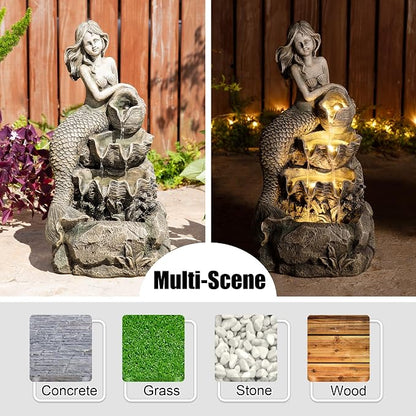 Glitzhome Water Fountain Outdoor, Outdoor Fountain with Lights & Pump, 22.25" H 4-Tiered Concrete Mermaid Polyresin Waterfall Floor Standing Water Feature for Garden, Patio, Yard, Deck, Porch
