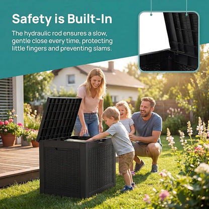 NicBex 30 Gallon Deck Box, Waterproof Resin Rattan Outdoor Storage Box Lockable for Patio Furniture, Fade Resistant Patio Side Table & Organizer for Garden Tools, Pool Floats, Outdoor Cushions, Black