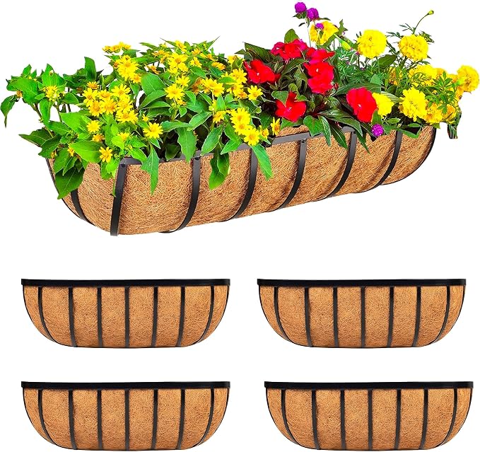 16 Inch Window Baskets with Coconut Liner Outdoor Wall Planter for Plants Long Window Flower Box for Porch Fence Patio Outdoor（4 Pack）