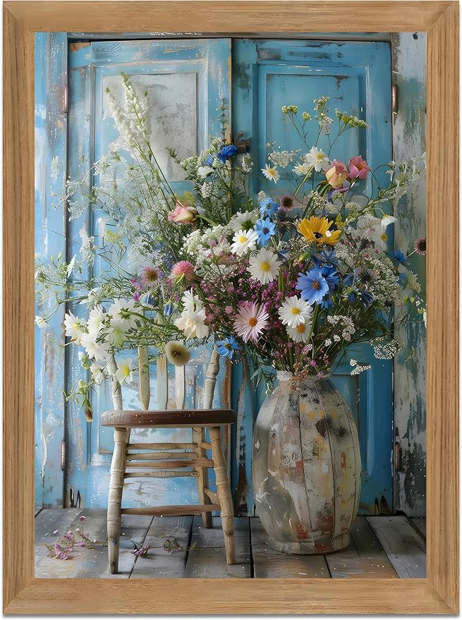 Vintage Wildflower Daisy Wall Art Framed Canvas, Rustic Floral Still Life Vase Painting, Farmhouse Daisy Wall Decor, Cottagecore Flower Decor for Living Room Bedroom Bathroom 8x10 Inch