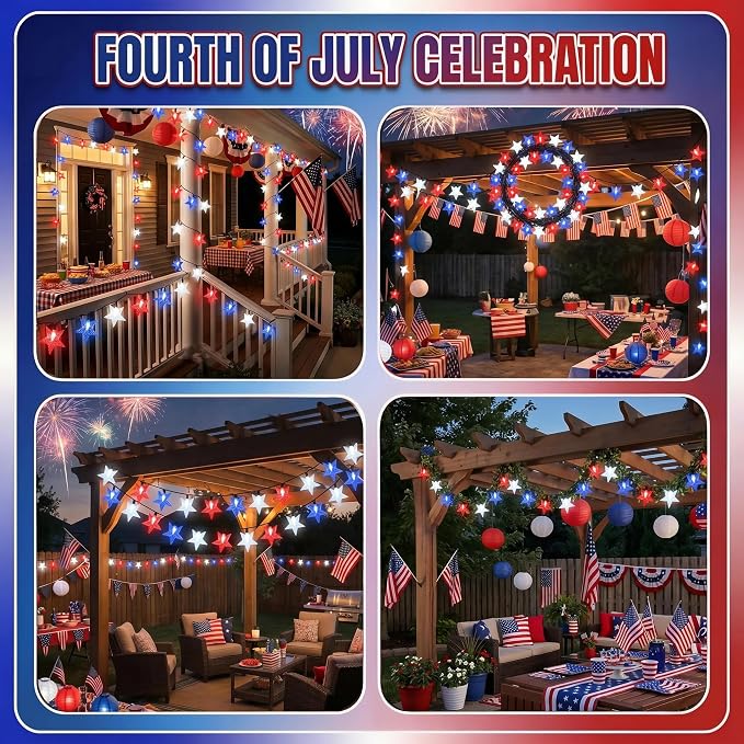4th of July Twinkle Solar Star String Lights Outdoor 39FT/100L Fairy Lights | Red White and Blue 8 Modes Independence Day President Day Memorial Day