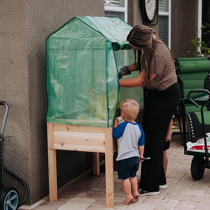 Backyard Expressions 36"x24" Elevated Garden Bed with Greenhouse Cover – Raised Wooden Planter Box with Legs, Mini Outdoor Greenhouse, 66" Tall