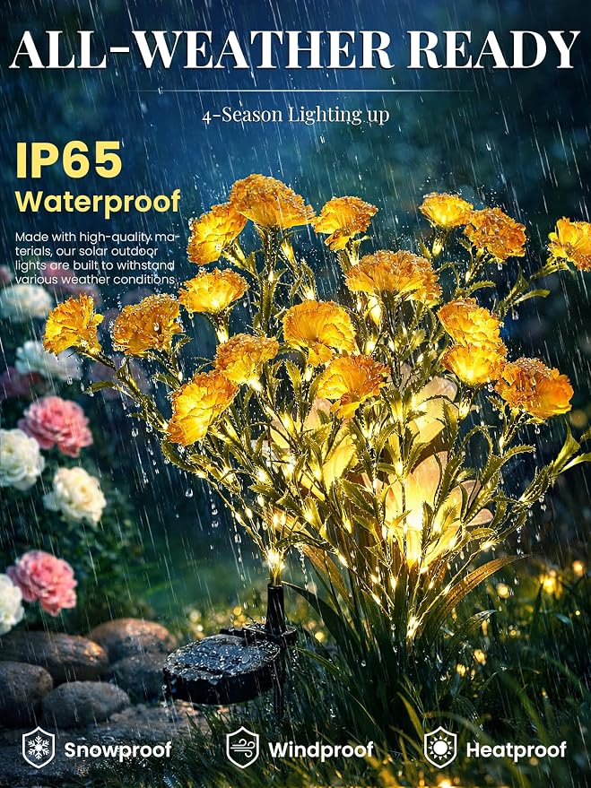 GIGALUMI Solar Lights Outdoor for Garden Decor, 2 Pack Solar Flower Lights Waterproof, 2 Lighting Modes 14 Carnations for Pathway,Yard, Patio Decoration, Gardening Gifts for Women (Yellow)