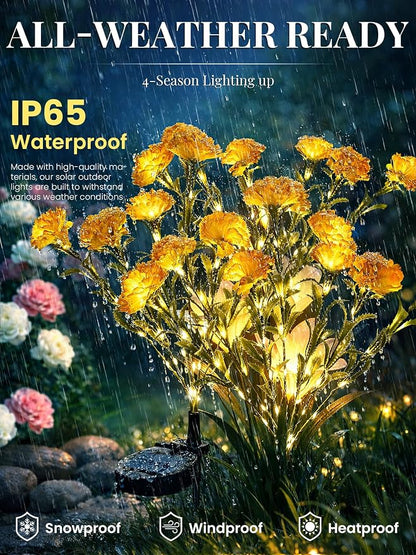 GIGALUMI Solar Lights Outdoor for Garden Decor, 2 Pack Solar Flower Lights Waterproof, 2 Lighting Modes 14 Carnations for Pathway,Yard, Patio Decoration, Gardening Gifts for Women (Yellow)