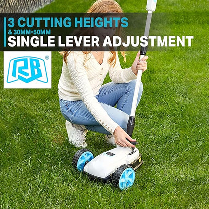RB 40V 9" Mini Cordless Lawn Mower with Battery & Charger for Small Yards | Ultra-light with brushless motor. 3 cutting heights. One-hand steering. Upright storage for tiny spaces, small lawns, patios.